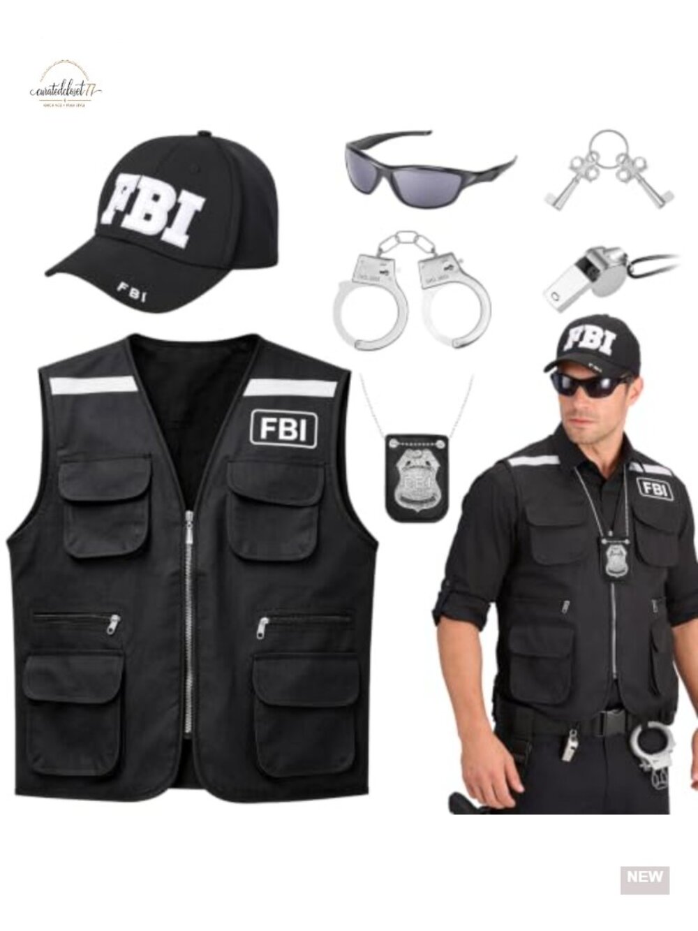 FBI Agent Costume Set Vest Cap Badge Handcuffs Whistle Halloween